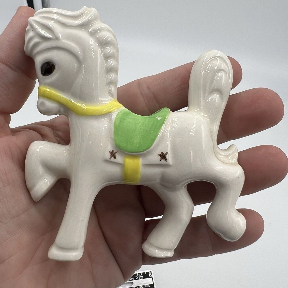 Rare Vintage Macrame Ceramic Bead Baby Horse Carousel Green Yellow Saddle Bridle
